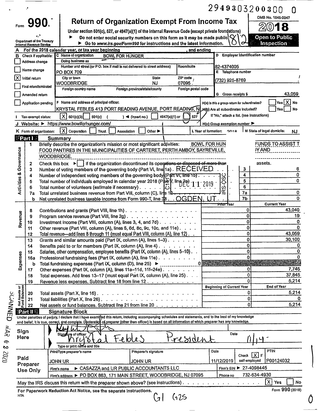 Image of first page of 2018 Form 990 for Bowl for Hunger