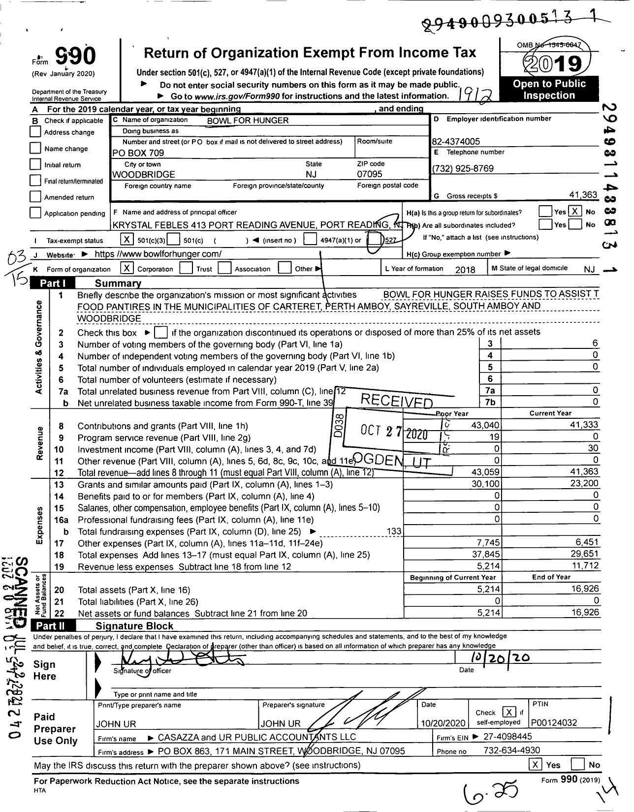 Image of first page of 2019 Form 990 for Bowl for Hunger