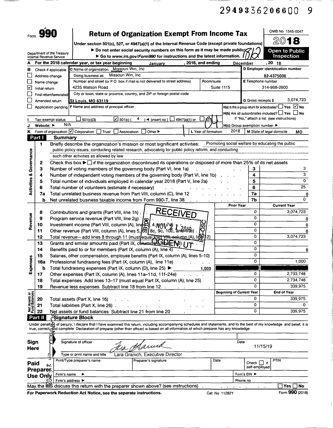 Image of first page of 2018 Form 990O for Missouri Win