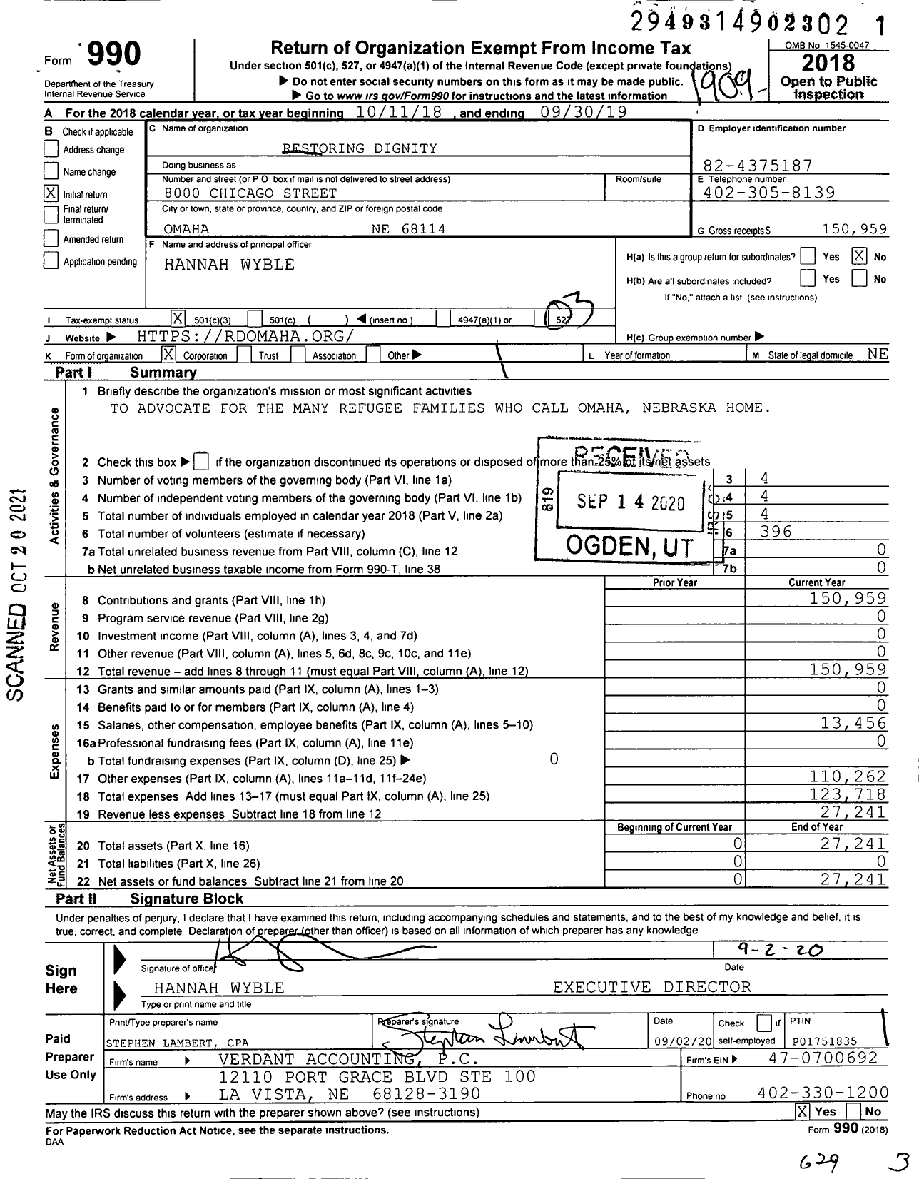 Image of first page of 2018 Form 990 for Restoring Dignity