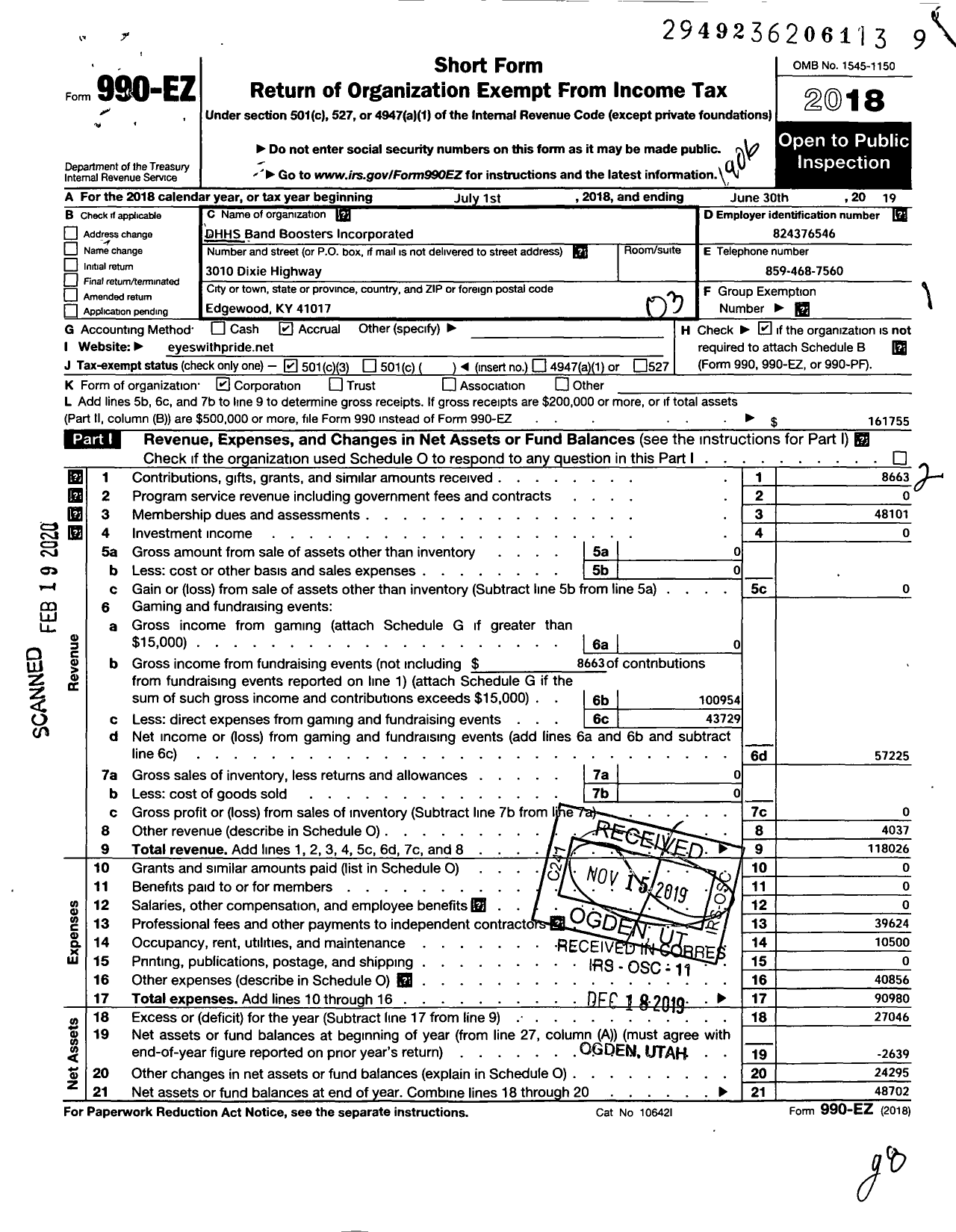 Image of first page of 2018 Form 990EZ for DHHS Band Boosters Incorporated