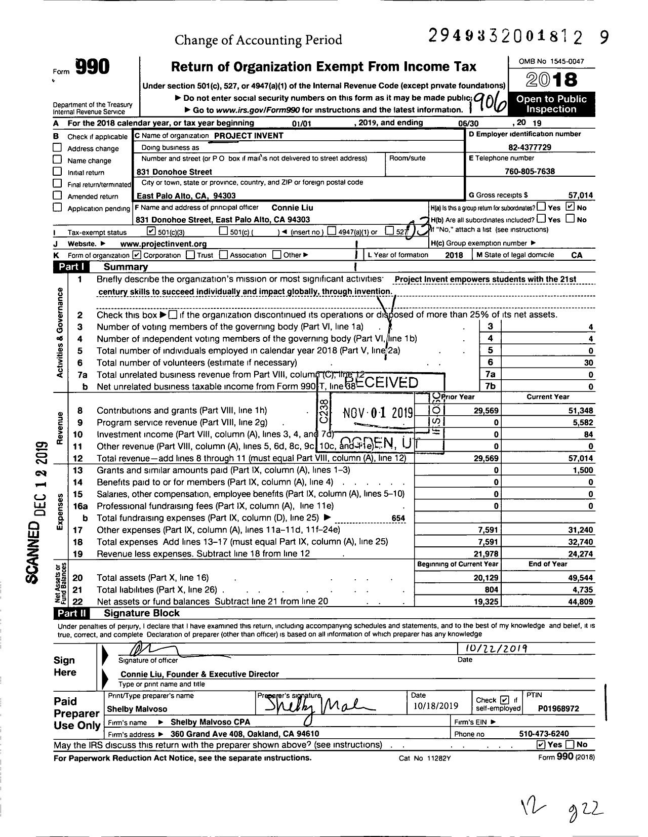 Image of first page of 2018 Form 990 for Project Invent