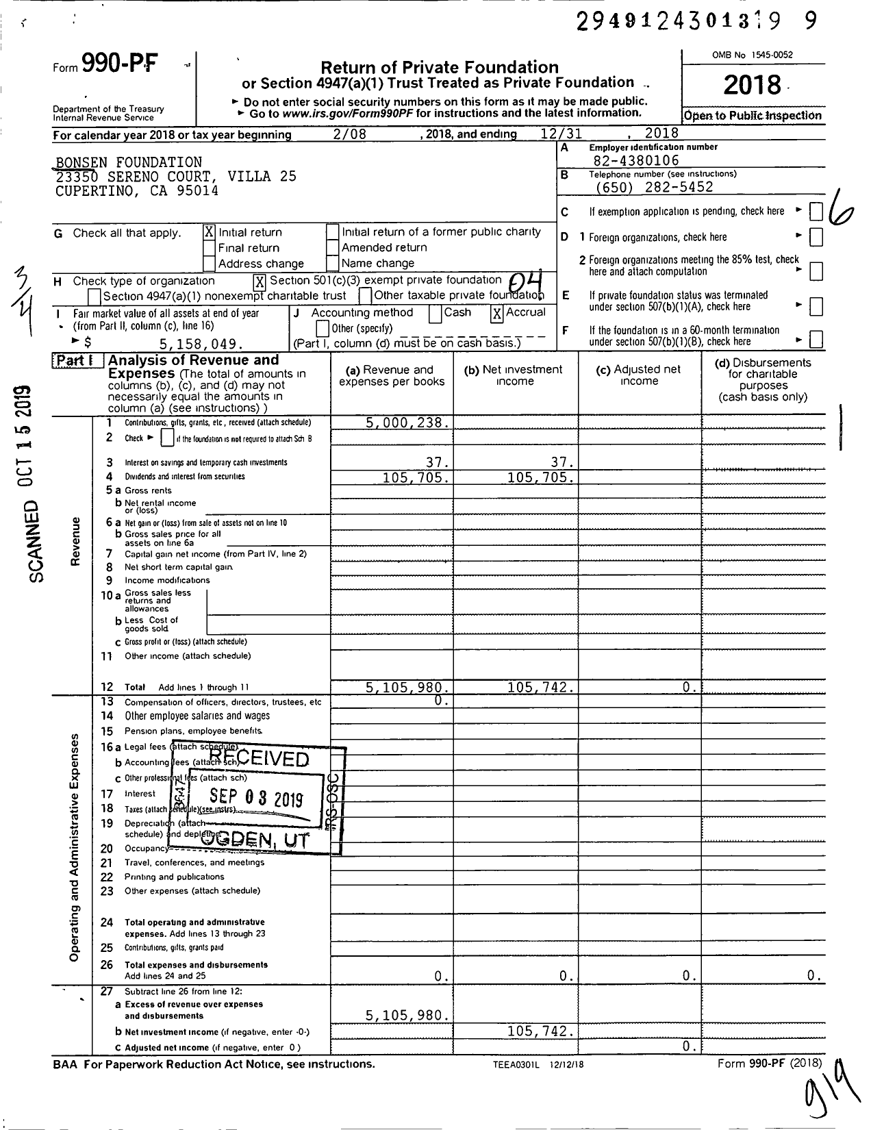 Image of first page of 2018 Form 990PF for Bonsen Foundation