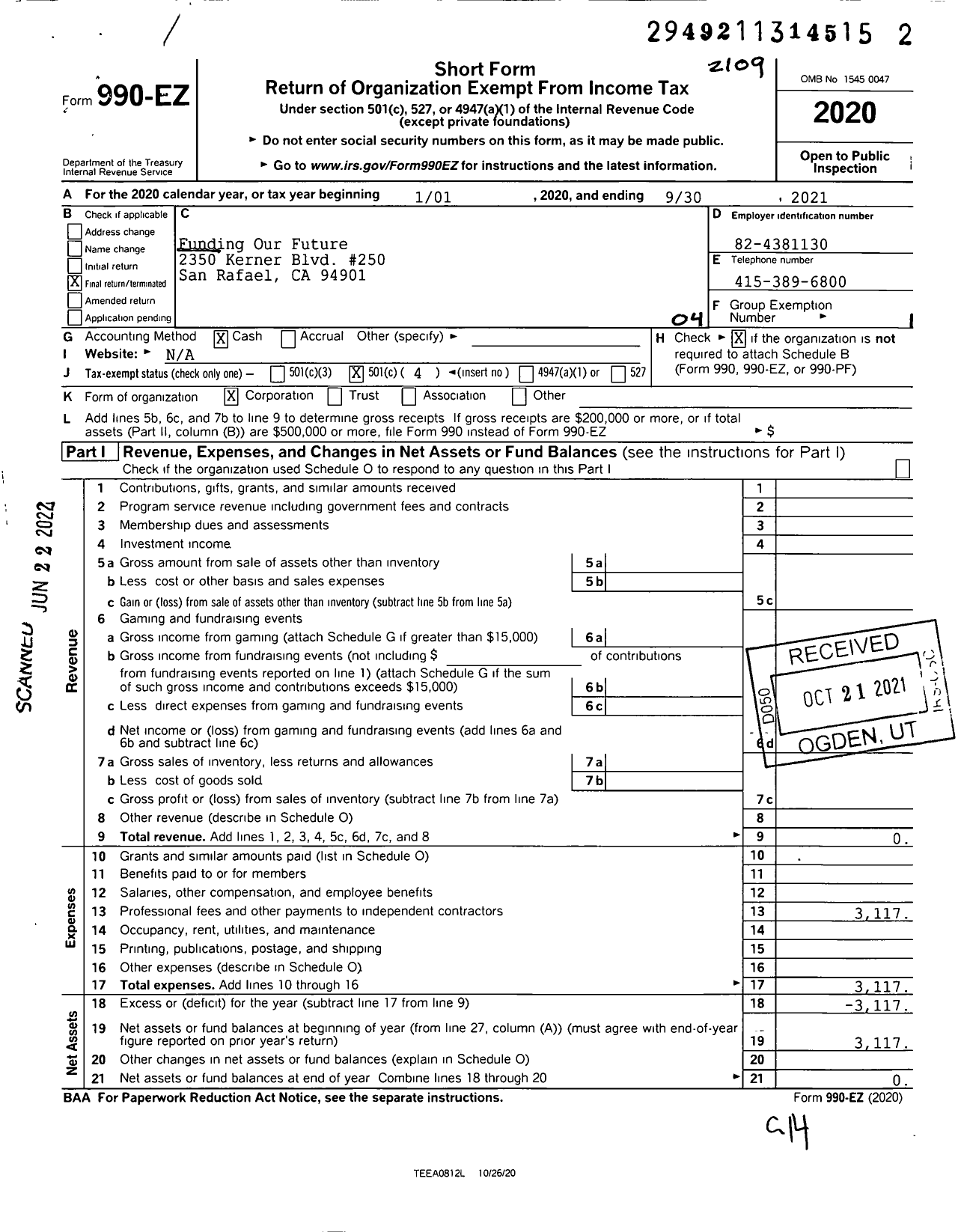 Image of first page of 2020 Form 990EO for Funding Our Future