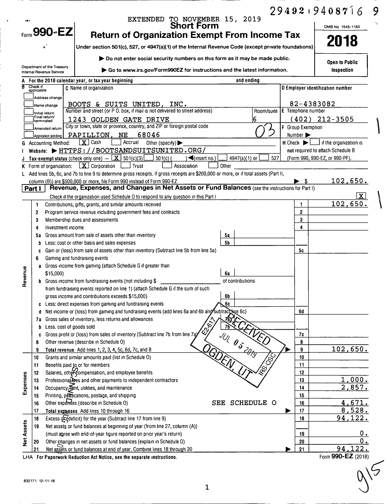 Image of first page of 2018 Form 990EZ for Boots and Suits United