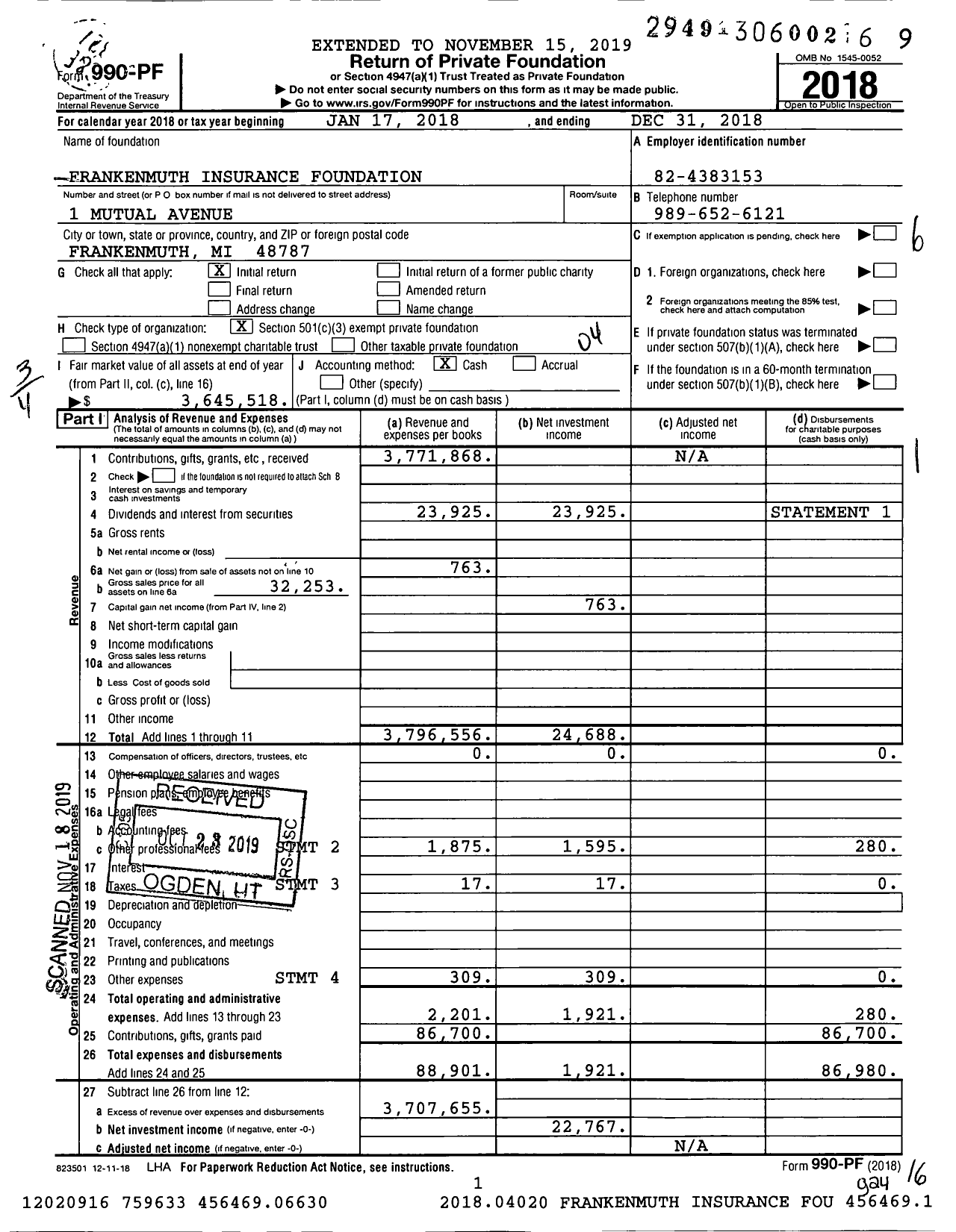 Image of first page of 2018 Form 990PF for Frankenmuth Insurance Foundation