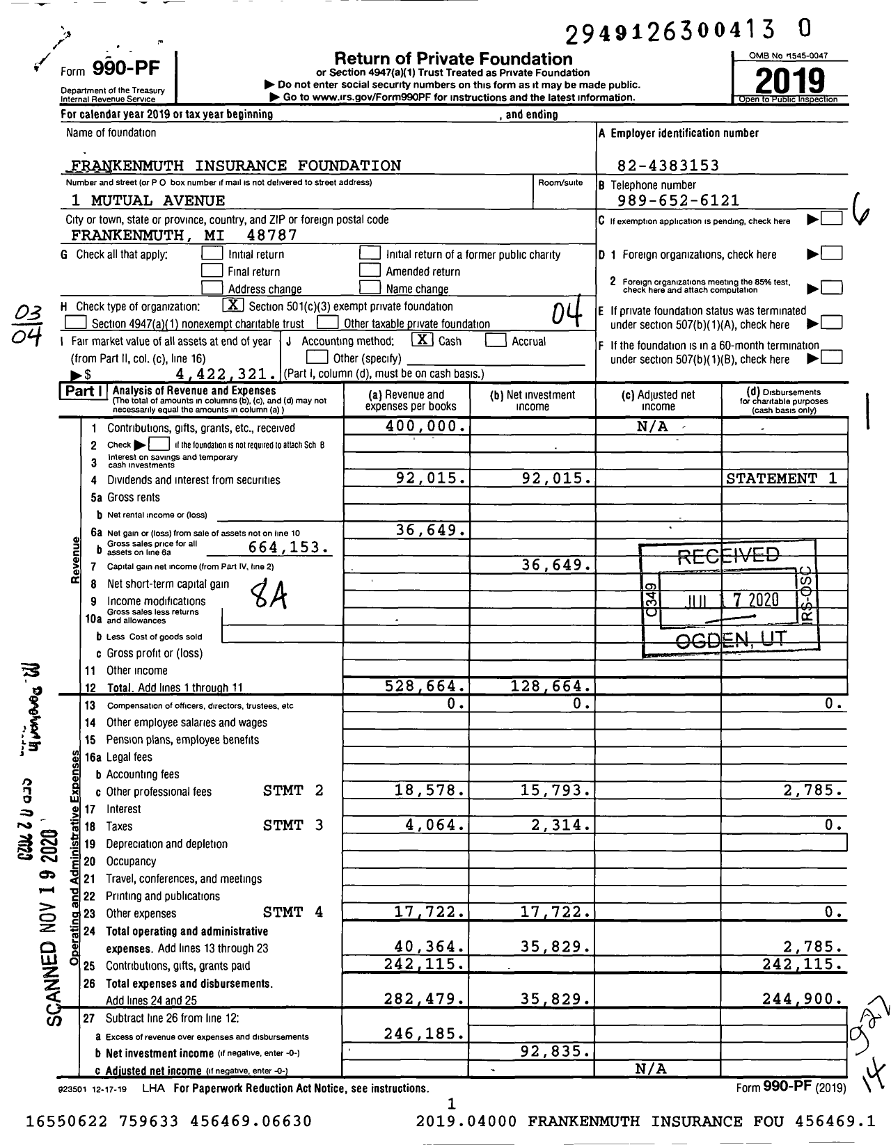 Image of first page of 2019 Form 990PF for Frankenmuth Insurance Foundation