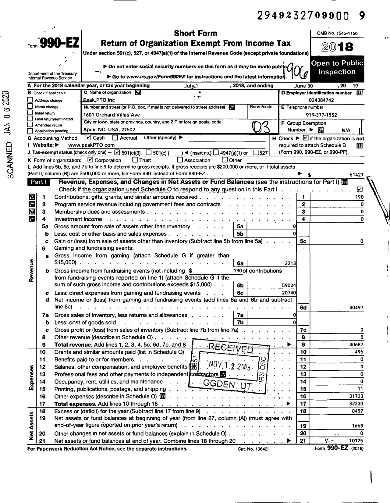 Image of first page of 2018 Form 990EZ for Peak Pto