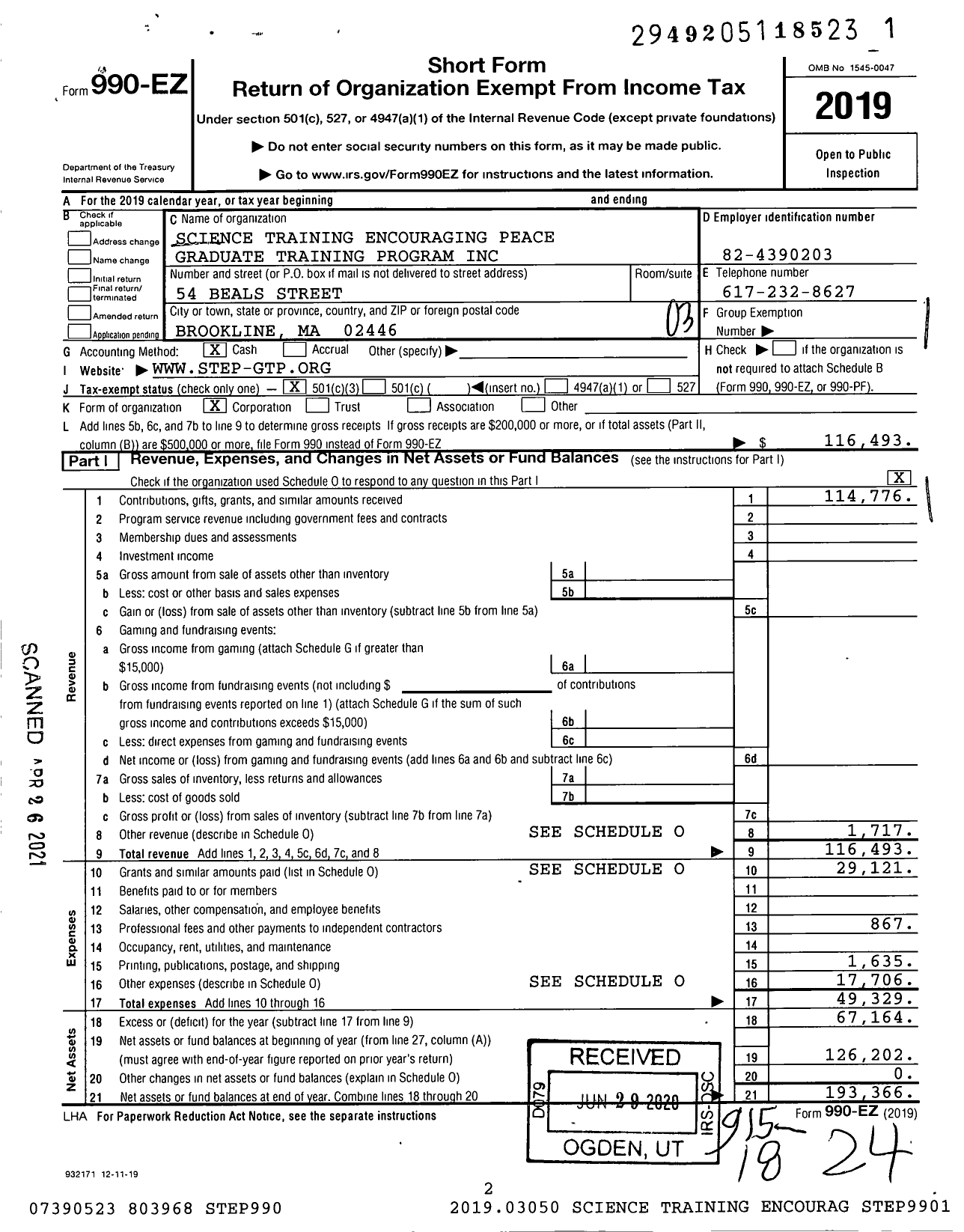 Image of first page of 2019 Form 990EZ for Science Training Encouraging Peace-Graduate Training Program