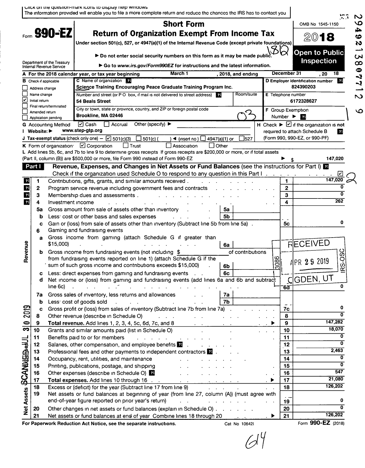 Image of first page of 2018 Form 990EZ for Science Training Encouraging Peace-Graduate Training Program