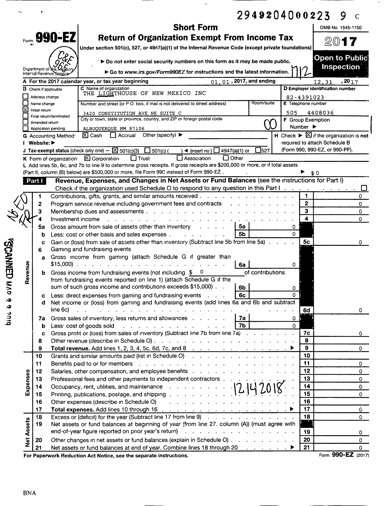 Image of first page of 2017 Form 990EO for The Lighthouse of New Mexico