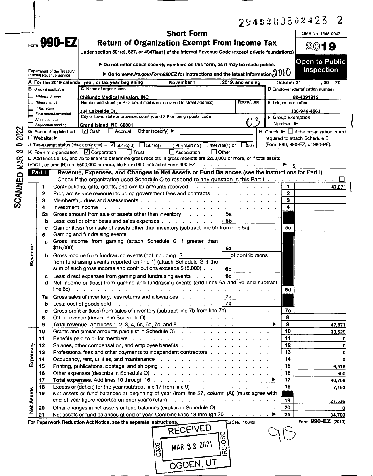 Image of first page of 2019 Form 990EZ for Chifundo Medical Missions