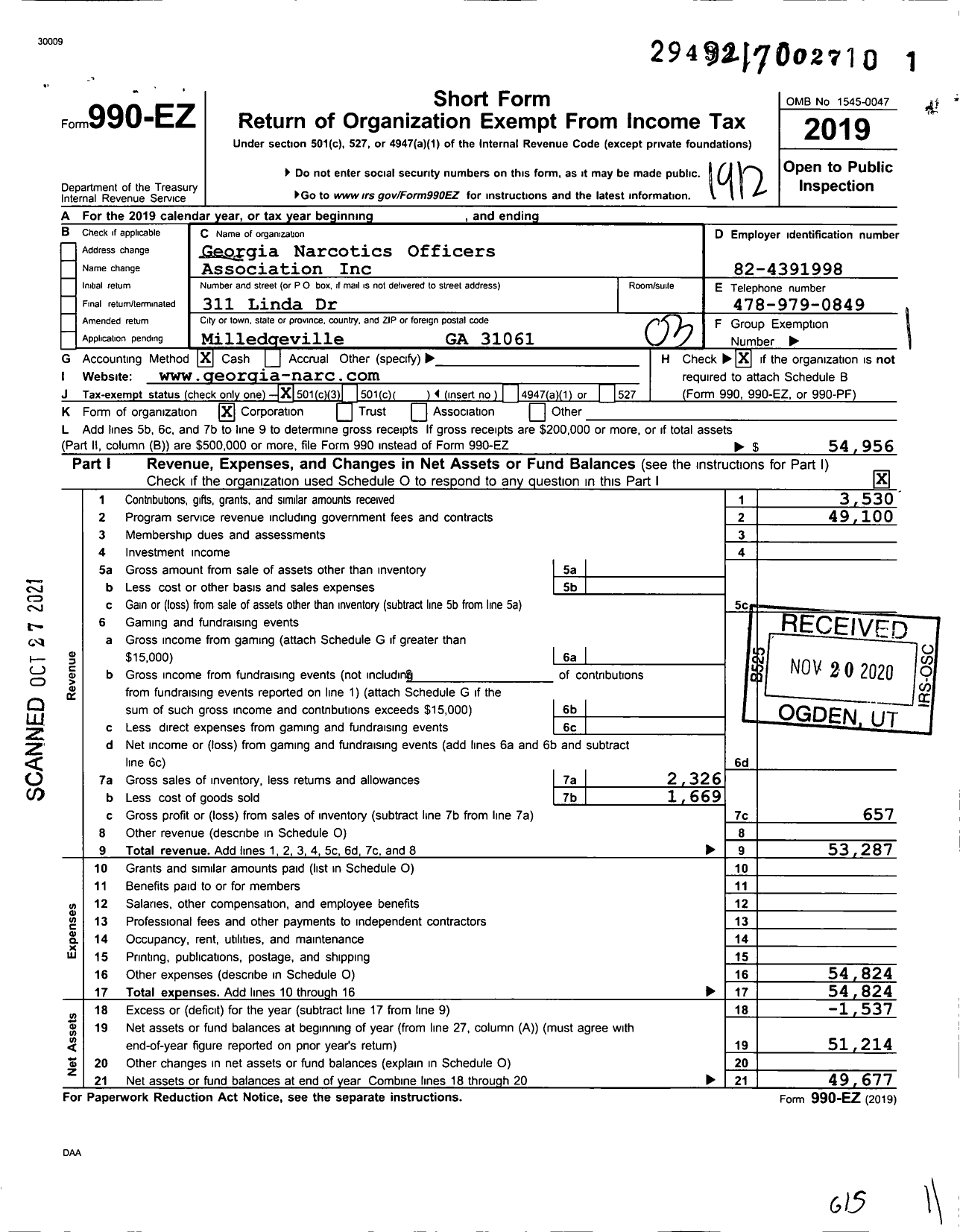 Image of first page of 2019 Form 990EZ for Georgia Narcotics Officers Association