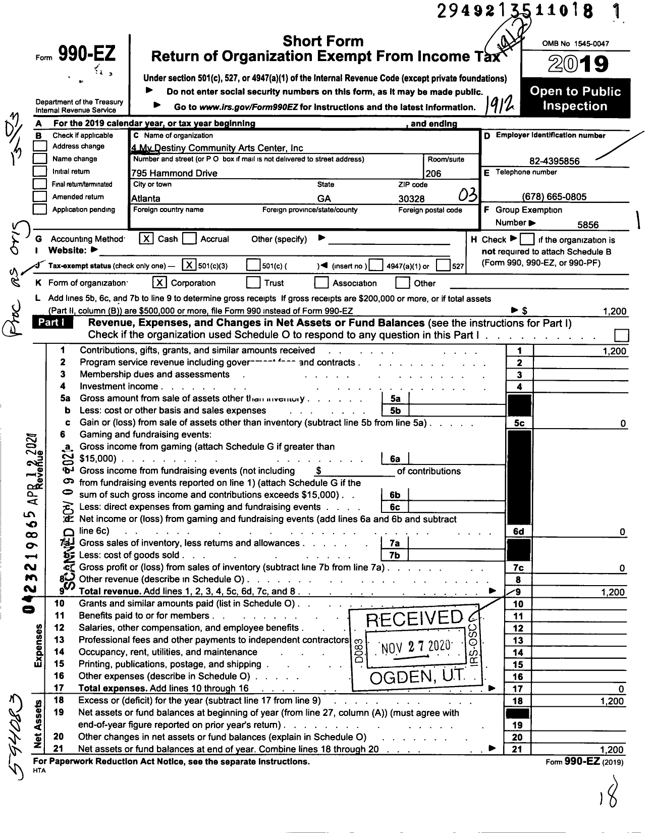 Image of first page of 2019 Form 990EZ for 4 My Destiny Community Arts Center