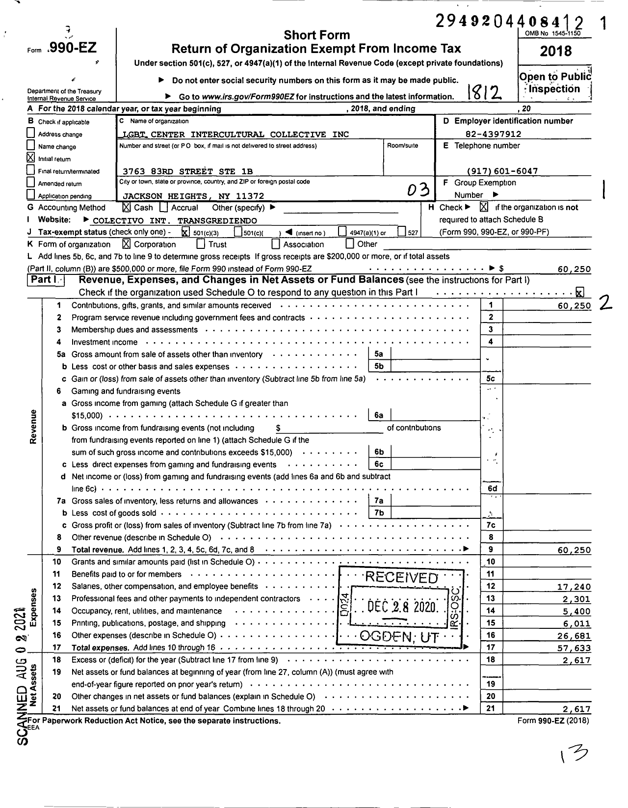 Image of first page of 2018 Form 990EZ for LGBT Center Intercultural Collective