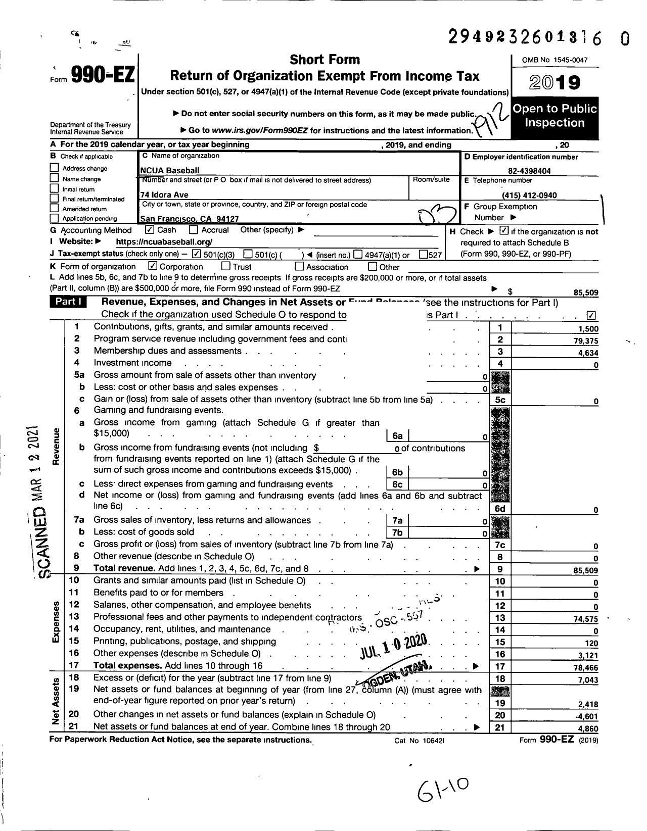 Image of first page of 2019 Form 990EZ for Ncua Baseball