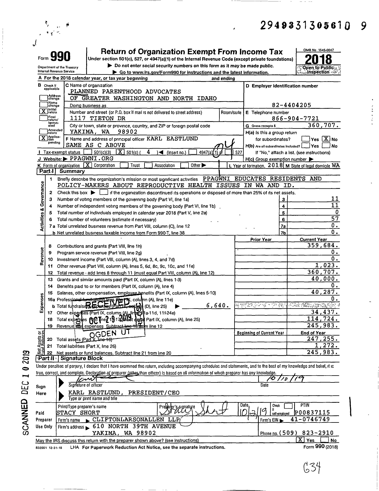 Image of first page of 2018 Form 990O for Planned Parenthood Advocates of Greater Washington and North Idaho