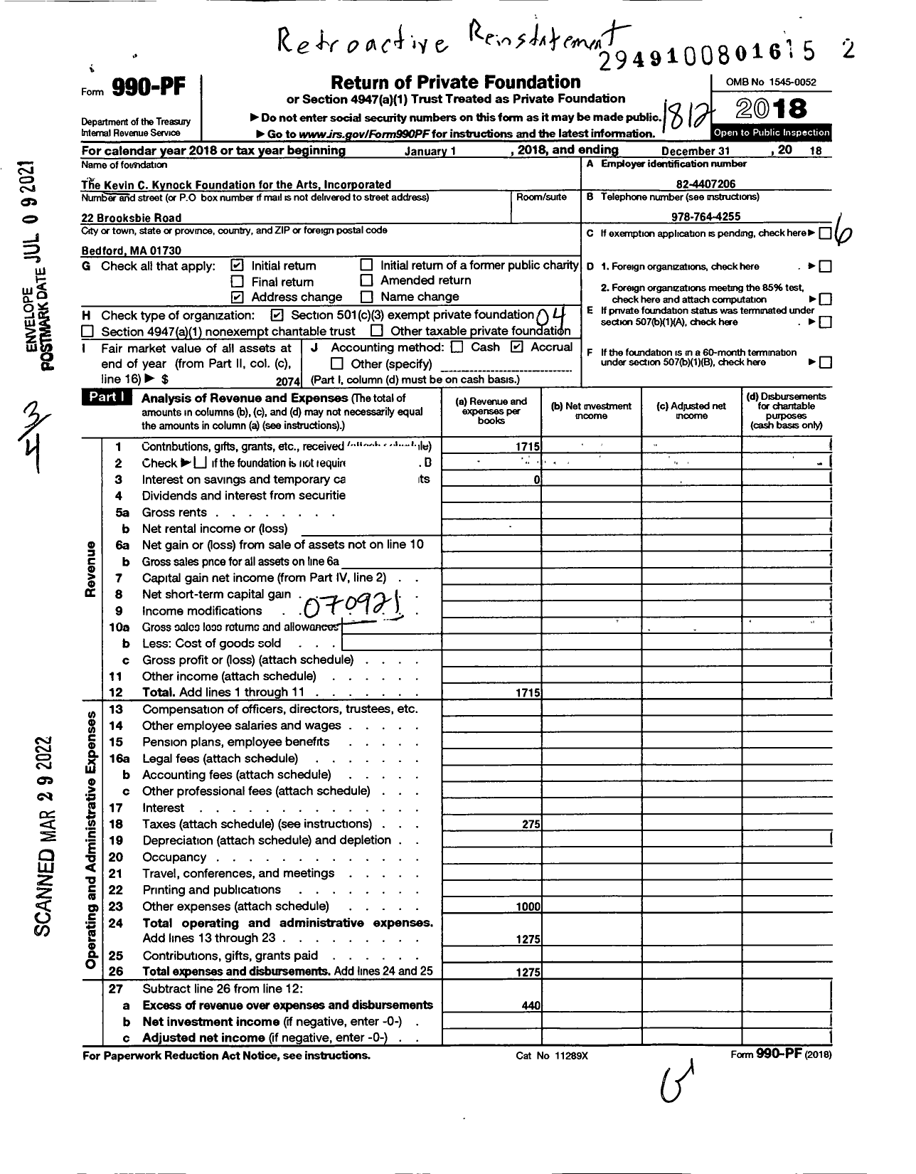 Image of first page of 2018 Form 990PF for The Kevin C Kynock Foundation for the Arts Incorporated