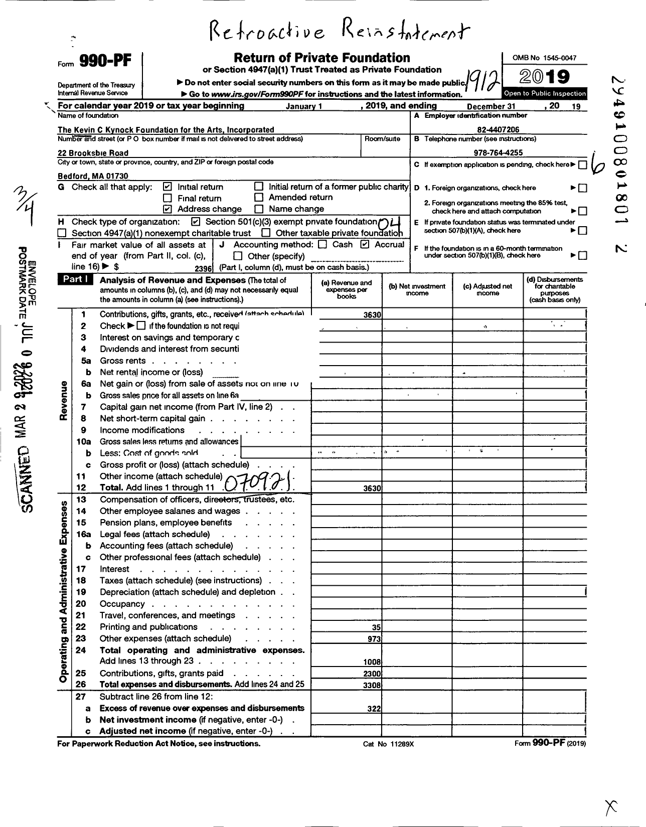 Image of first page of 2019 Form 990PF for The Kevin C Kynock Foundation for the Arts Incorporated