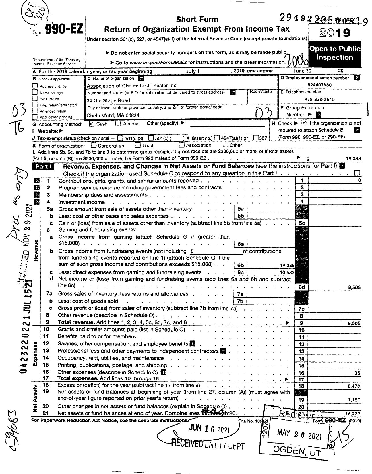 Image of first page of 2019 Form 990EZ for Association of Chelmsford Theater