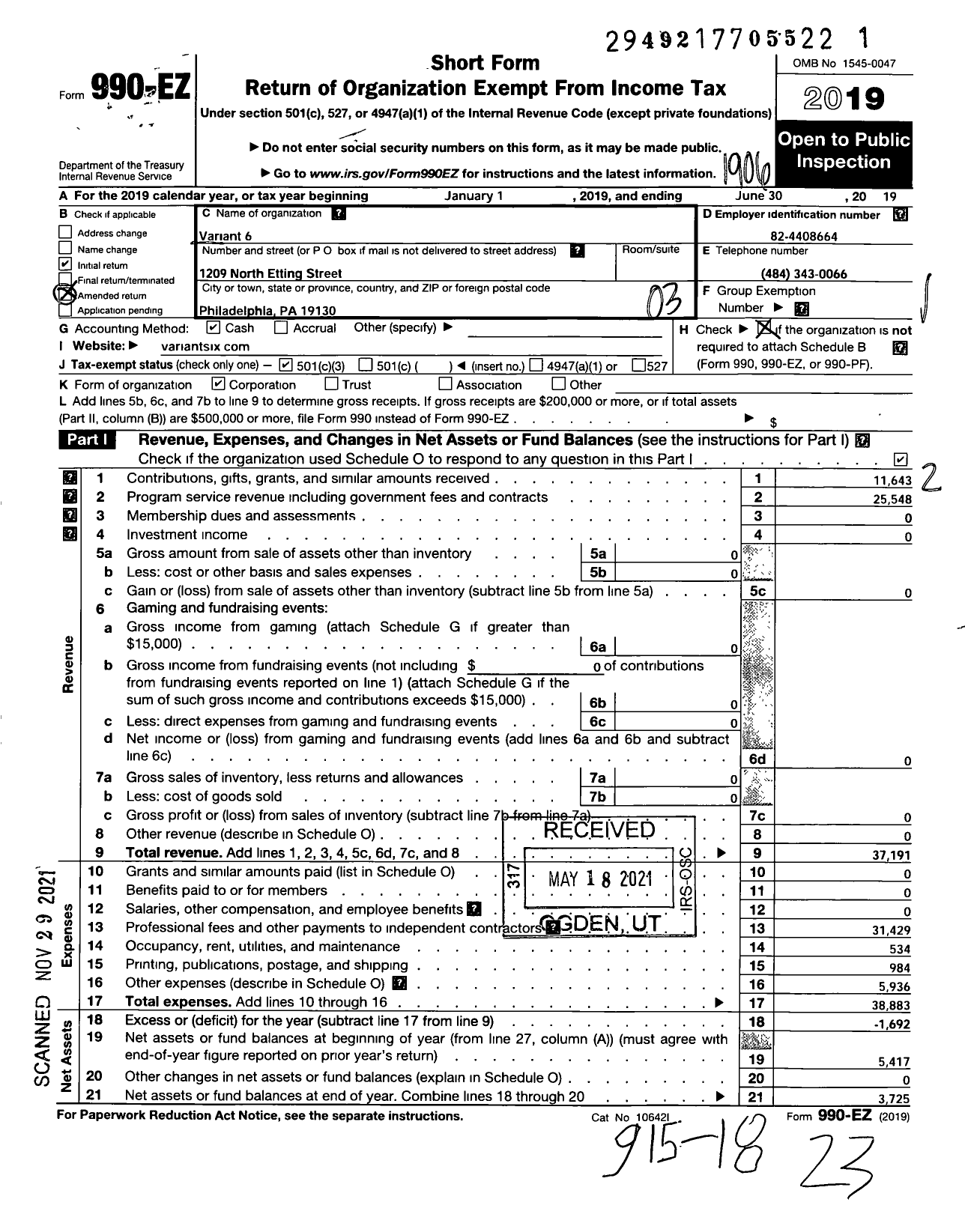 Image of first page of 2018 Form 990EZ for Variant 6