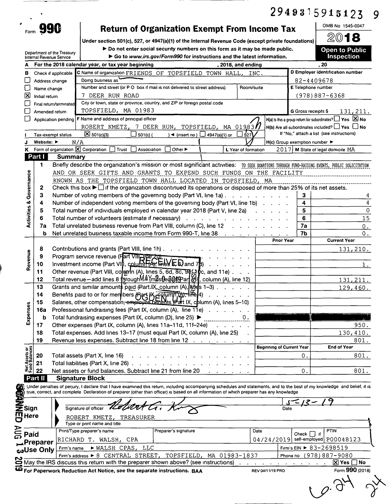 Image of first page of 2018 Form 990 for Friends of Topsfield Town Hall