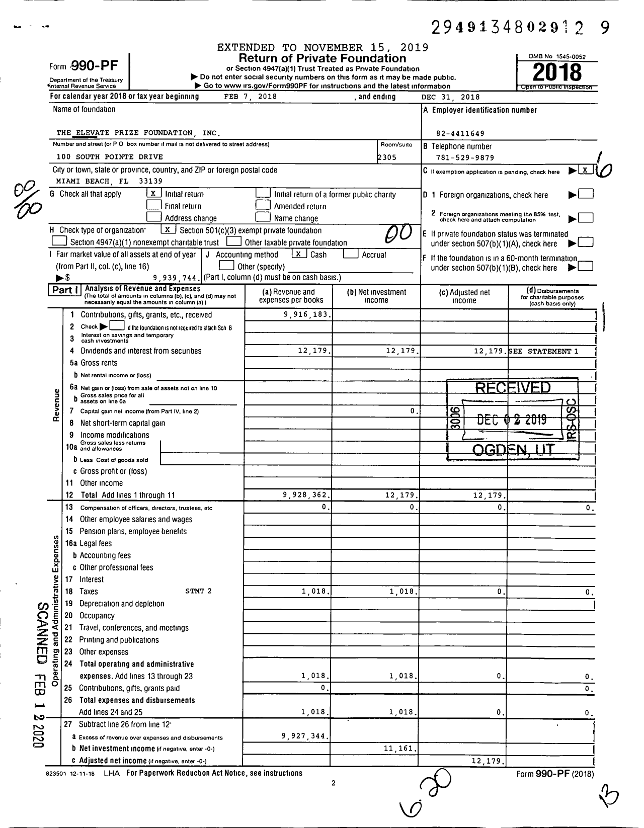 Image of first page of 2018 Form 990PF for The Elevate Prize Foundation