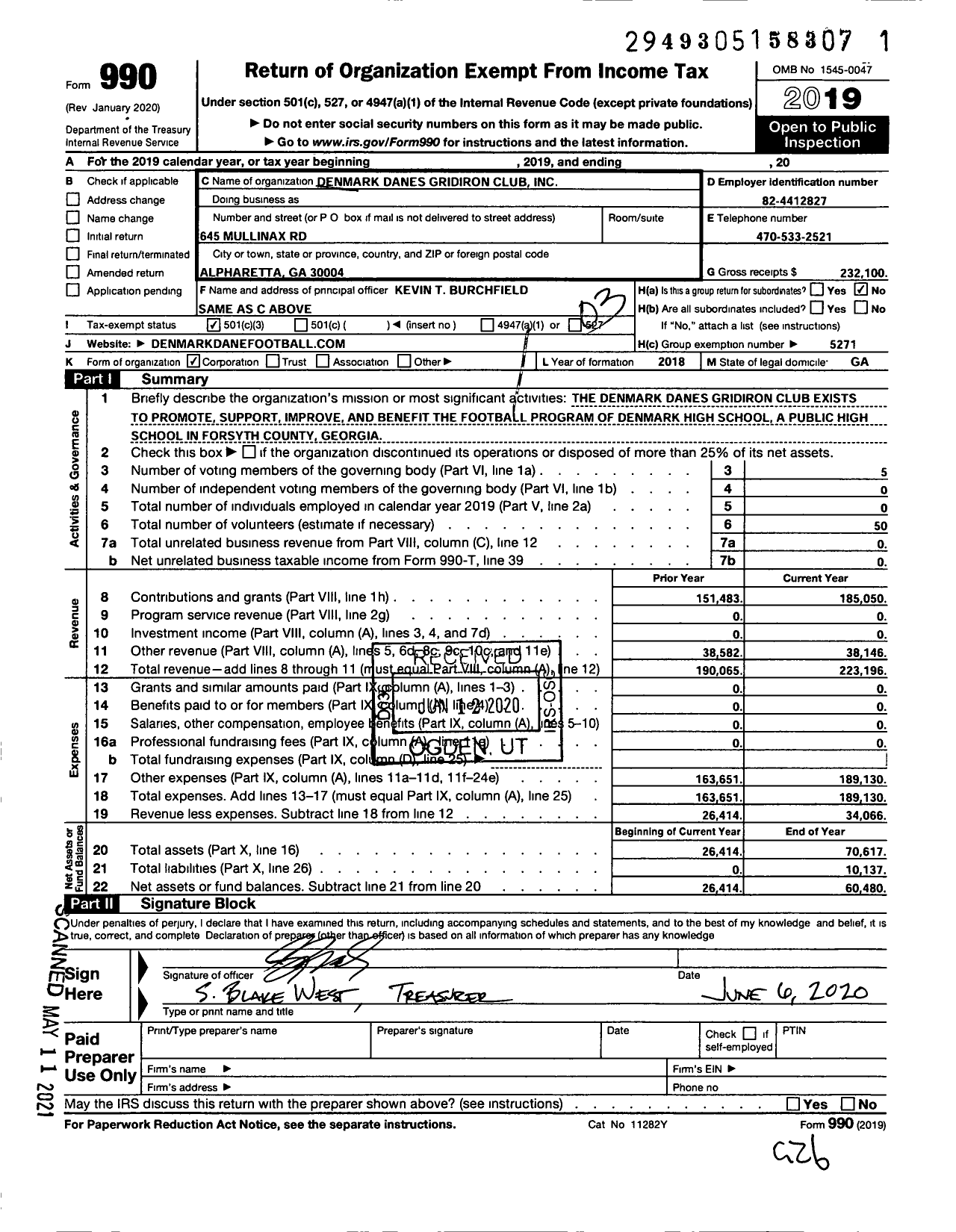 Image of first page of 2019 Form 990 for Denmark Danes GRIDIRON Club