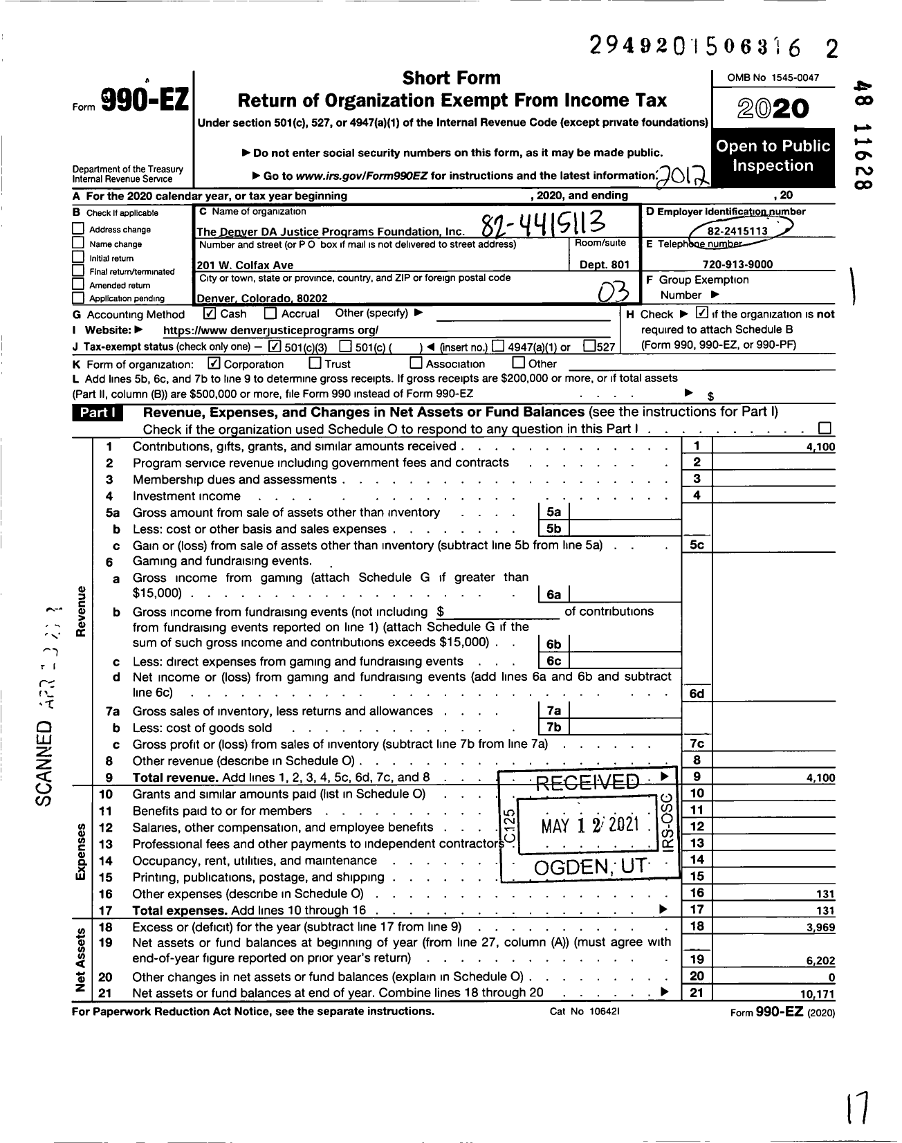 Image of first page of 2020 Form 990EZ for Denver Da Justice Programs Foundation