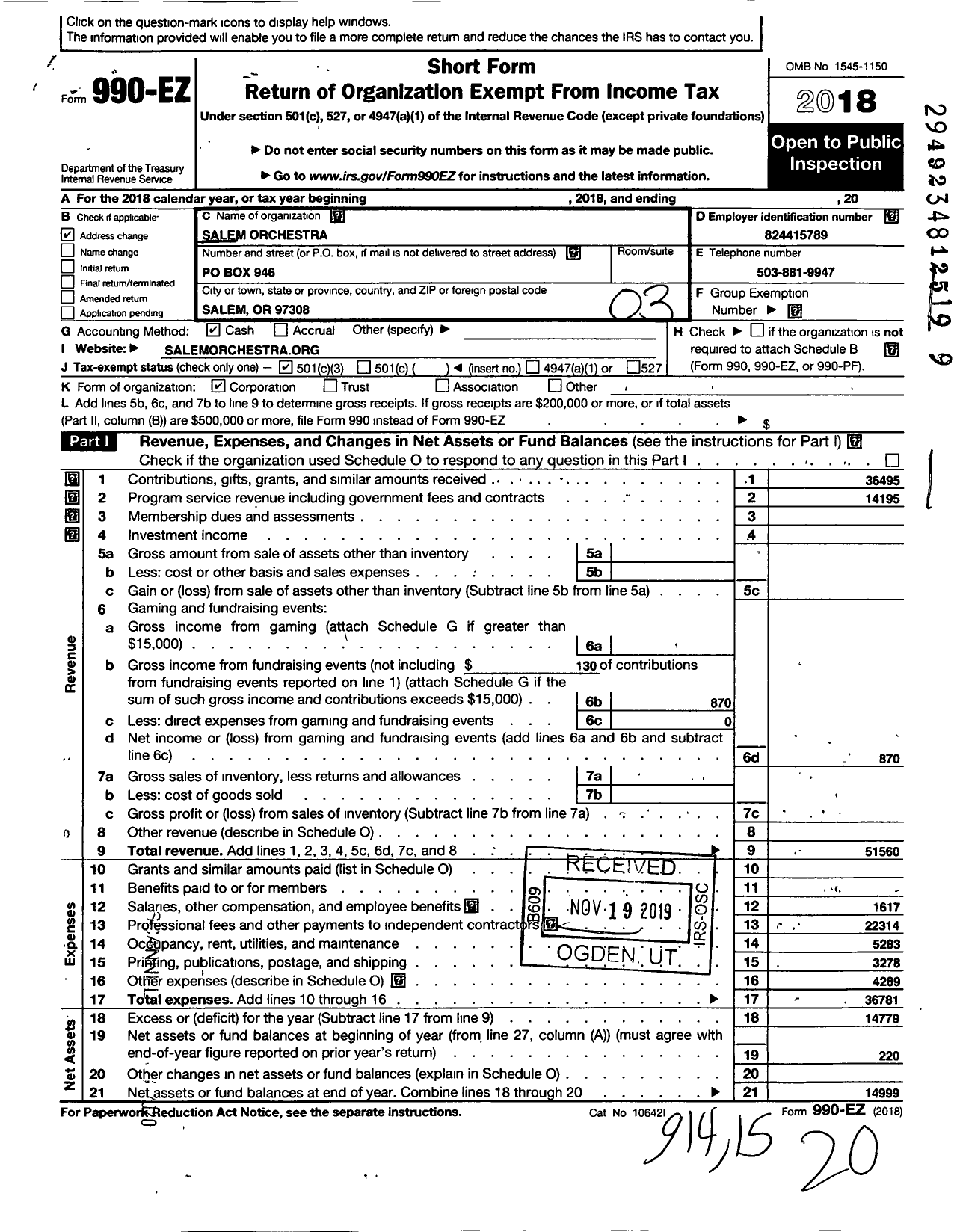 Image of first page of 2018 Form 990EZ for Salem Orchestra