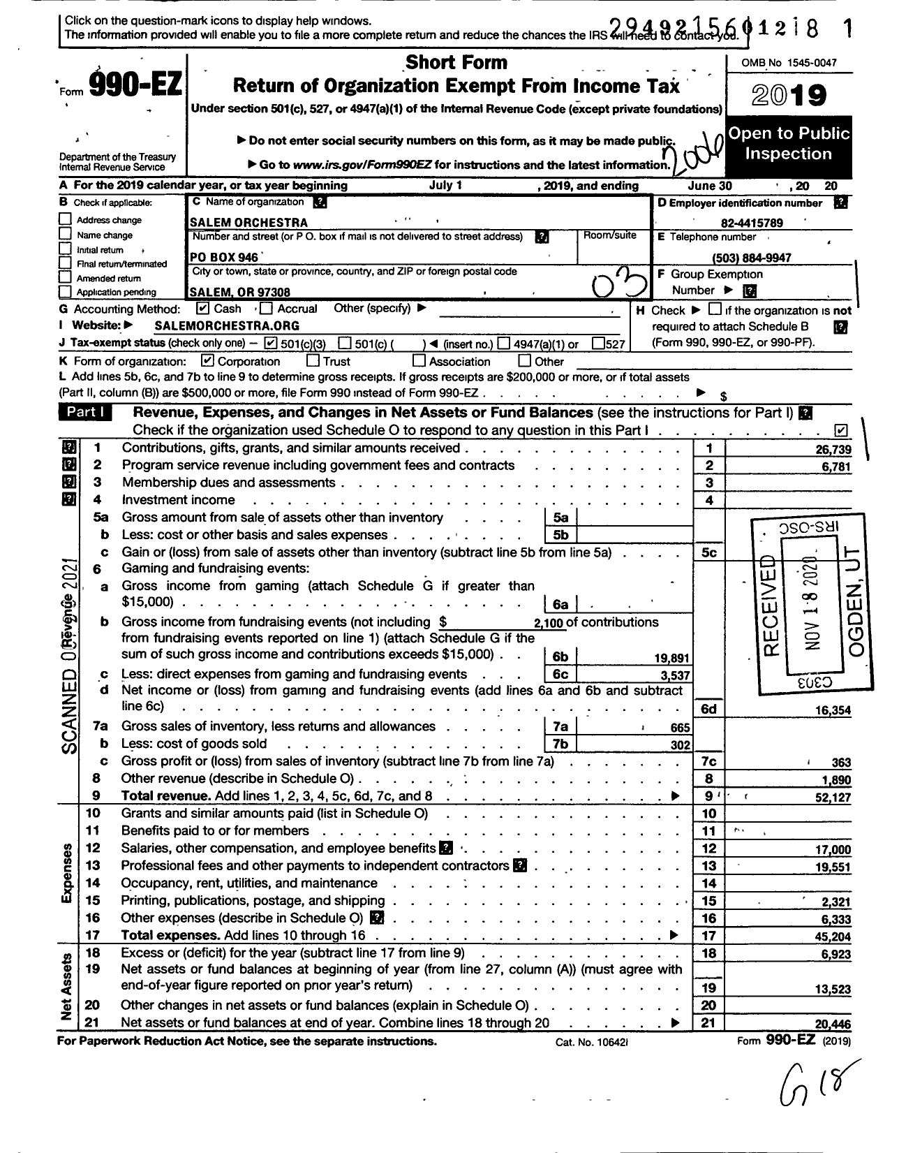 Image of first page of 2019 Form 990EZ for Salem Orchestra