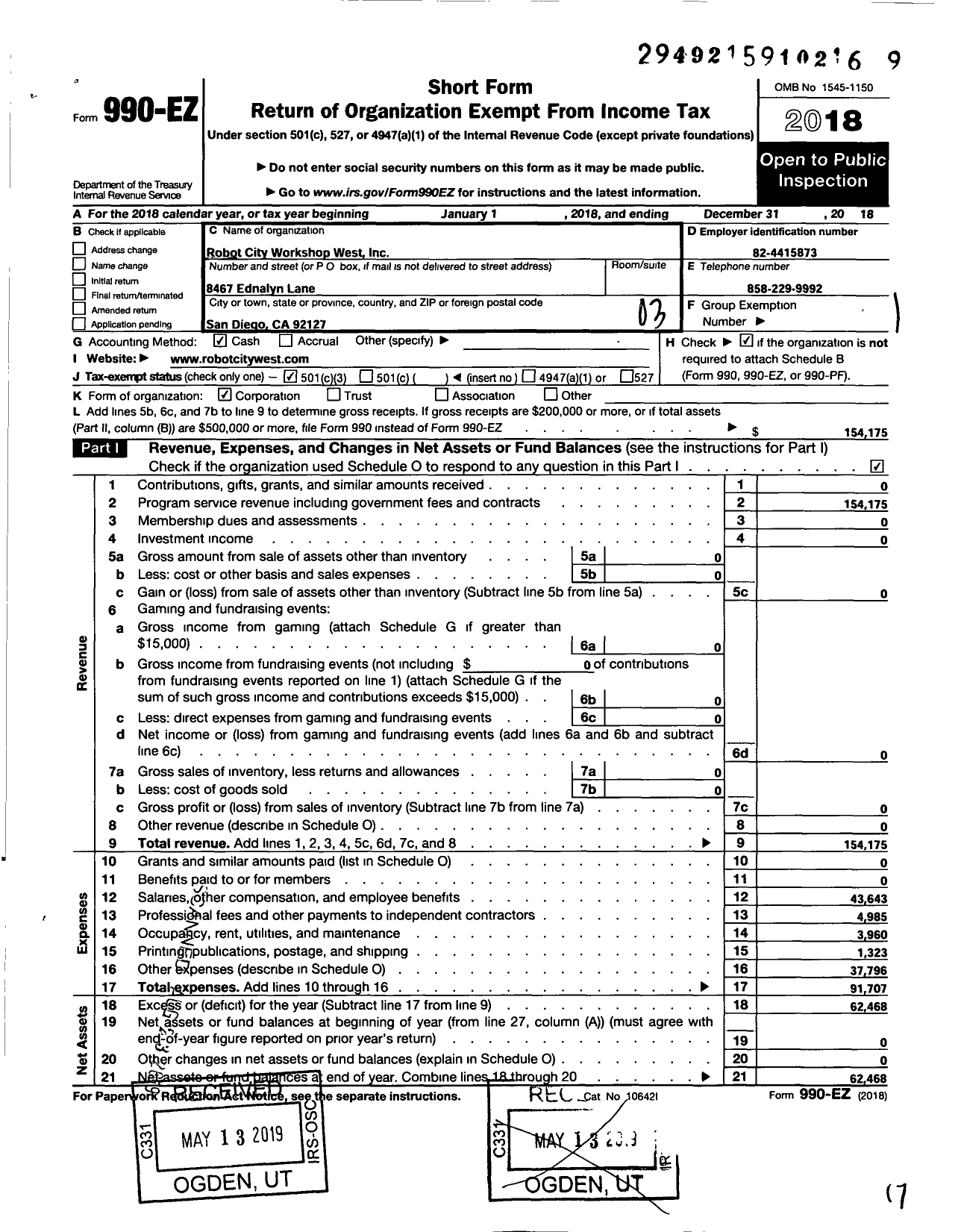 Image of first page of 2018 Form 990EZ for Robot City Workshop West