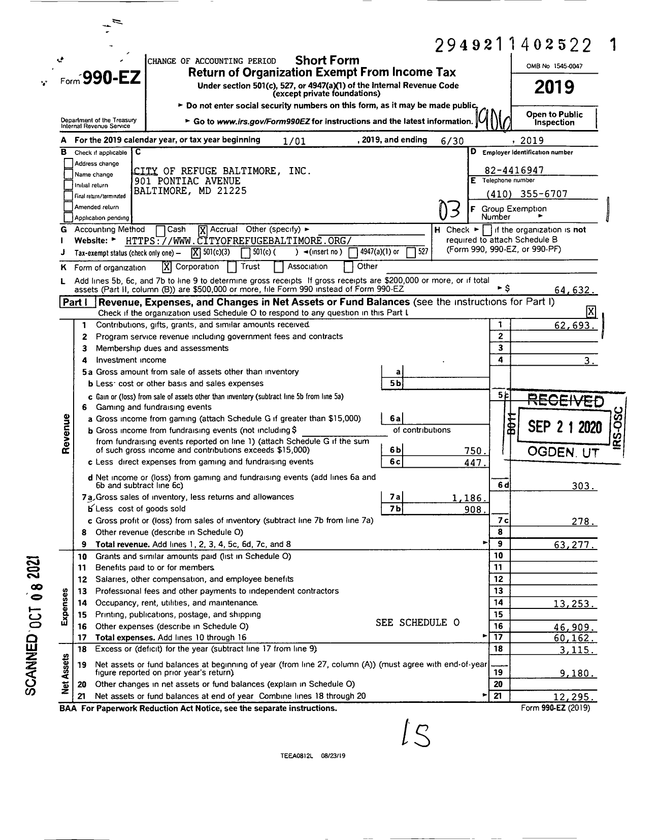 Image of first page of 2018 Form 990EZ for City of Refuge Baltimore