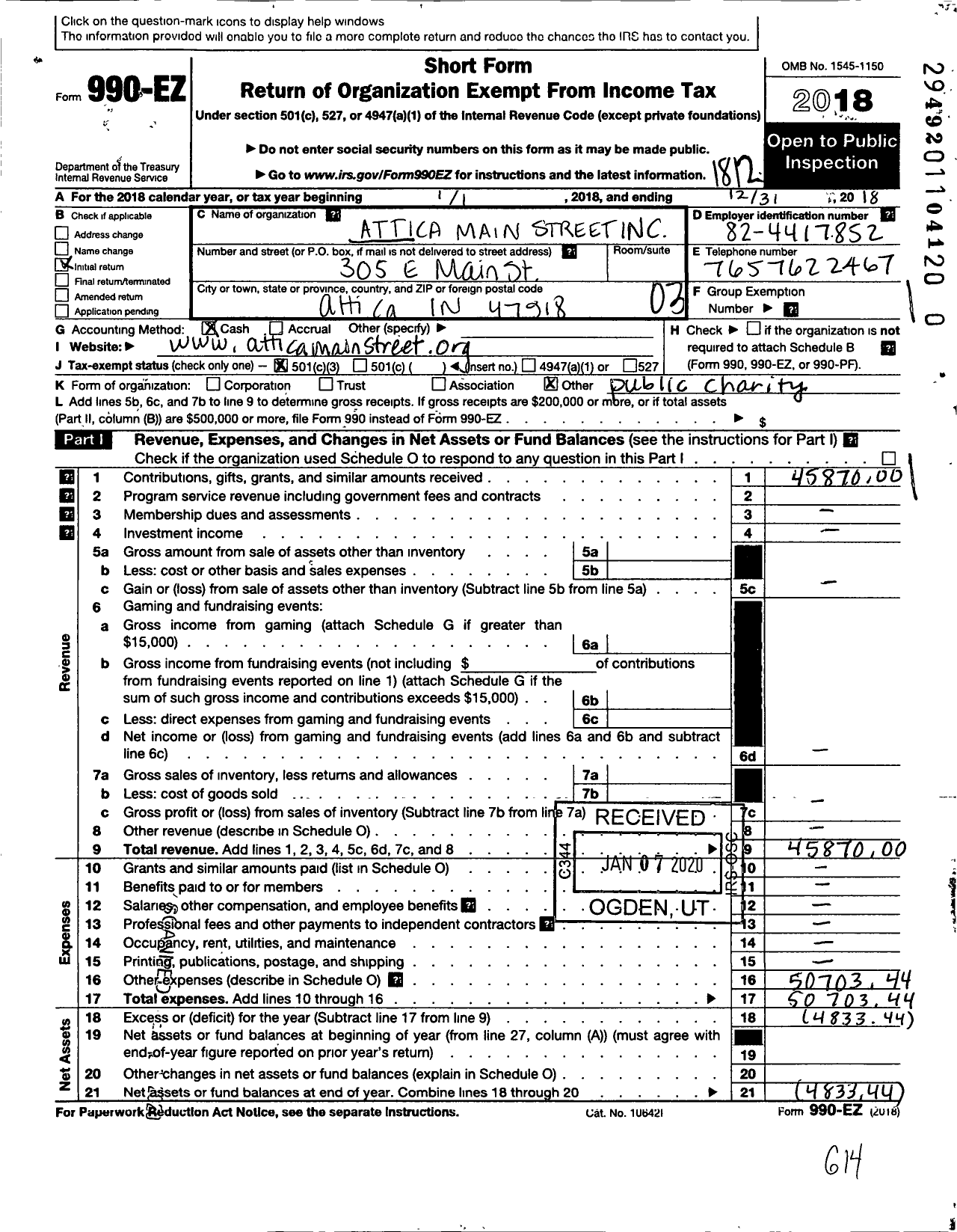 Image of first page of 2018 Form 990EZ for Attica Main Street