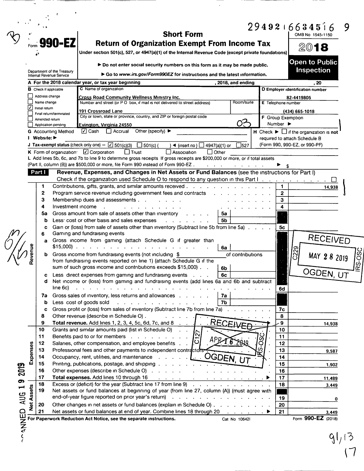 Image of first page of 2018 Form 990EZ for Cross Road Community Wellness Ministry