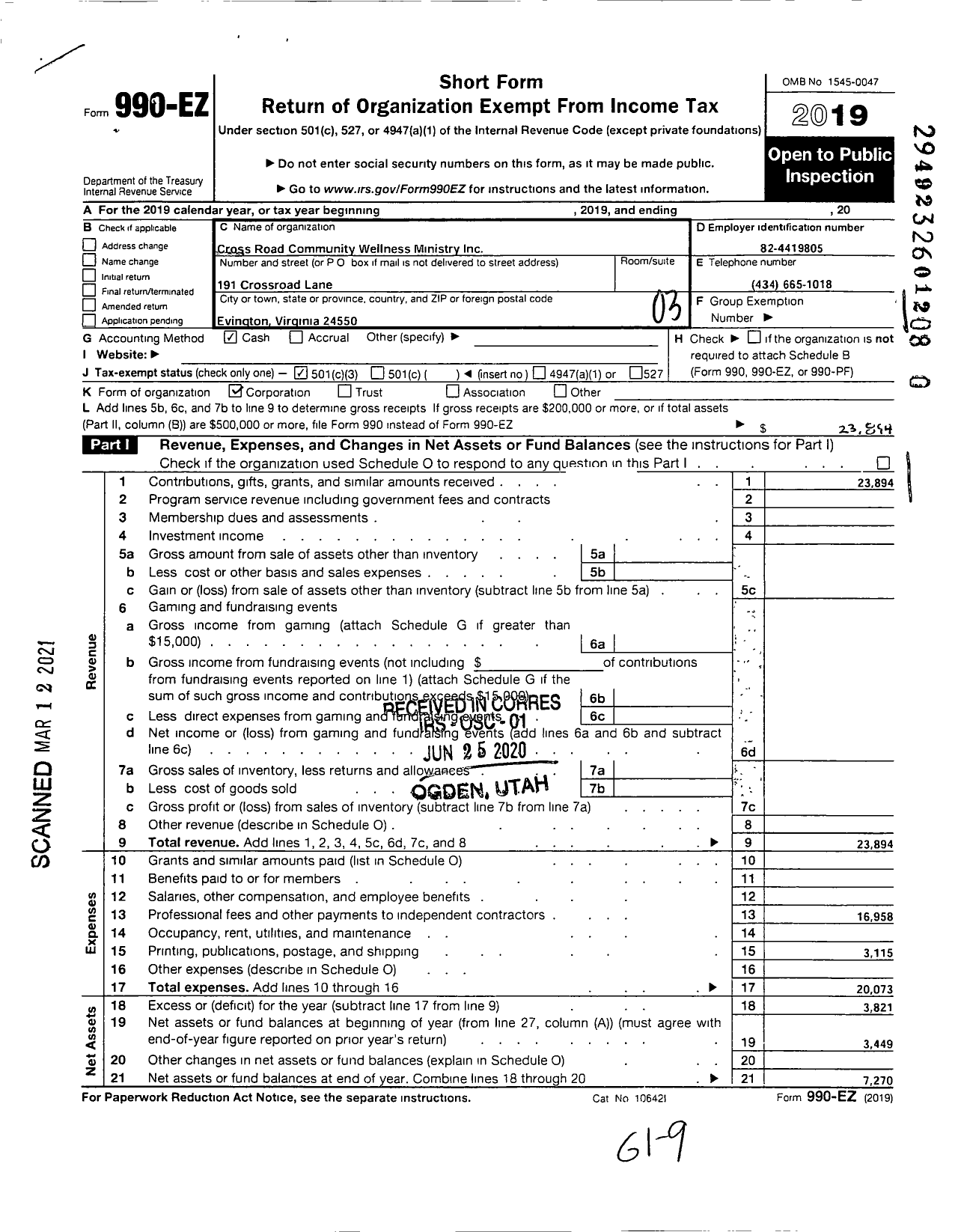 Image of first page of 2019 Form 990EZ for Cross Road Community Wellness Ministry