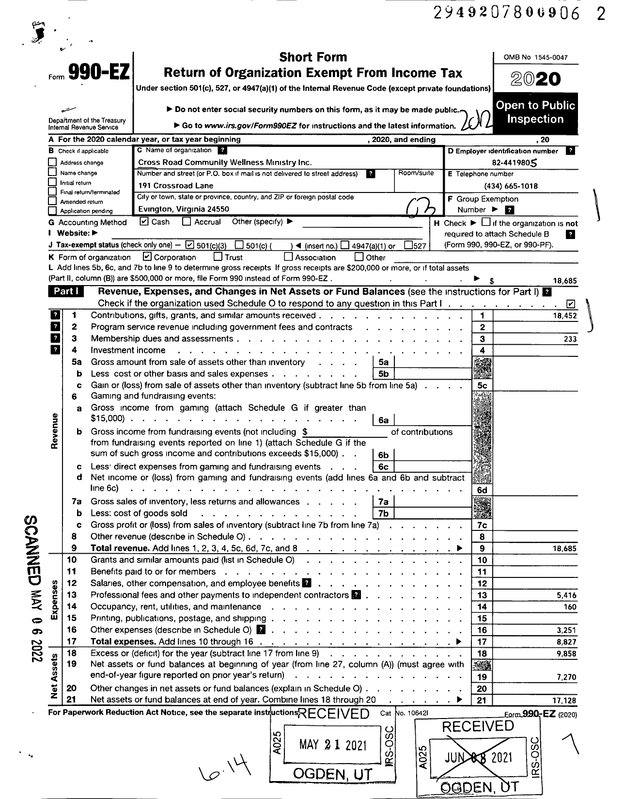 Image of first page of 2020 Form 990EZ for Cross Road Community Wellness Ministry