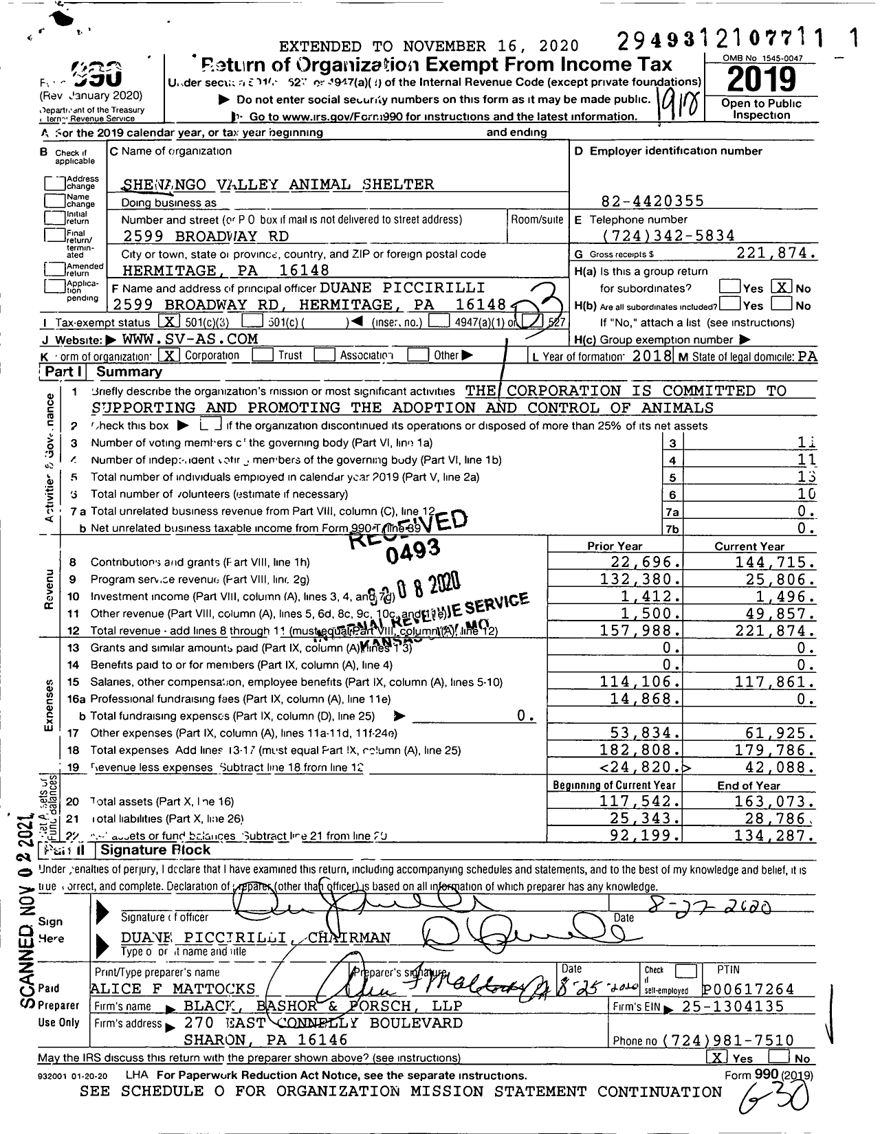 Image of first page of 2019 Form 990 for Shenango Valley Animal Shelter