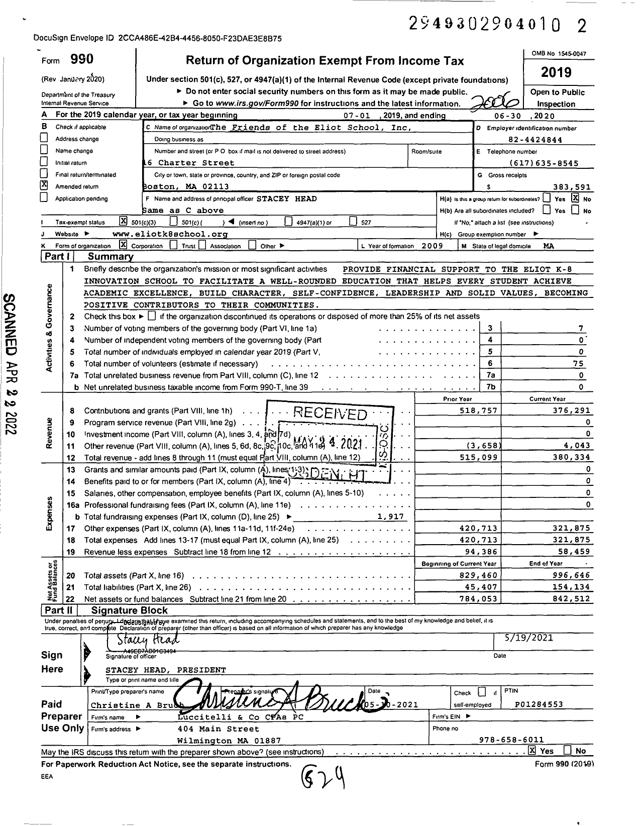 Image of first page of 2019 Form 990 for The Friends of the Eliot School