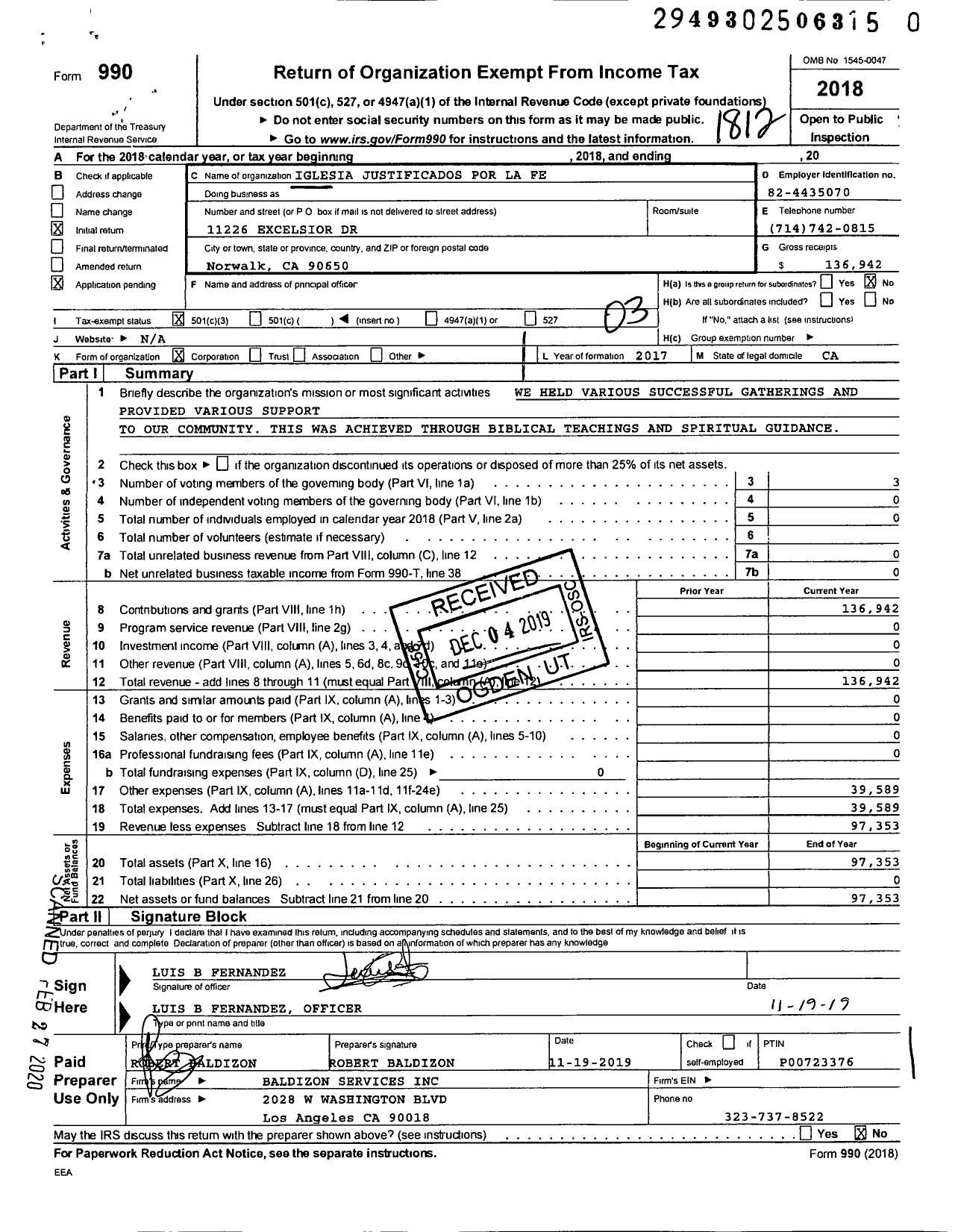 Image of first page of 2018 Form 990 for Iglesia Justificados Por La Fe