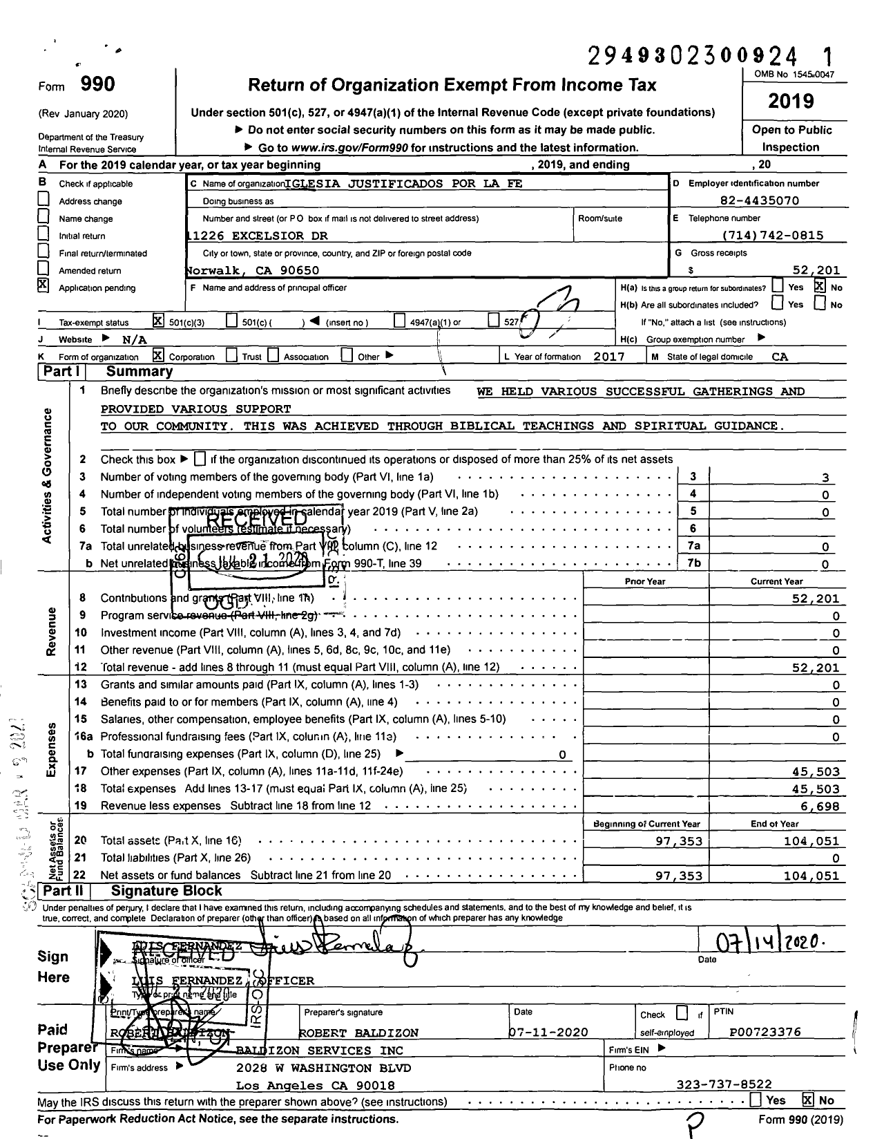 Image of first page of 2019 Form 990 for Iglesia Justificados Por La Fe