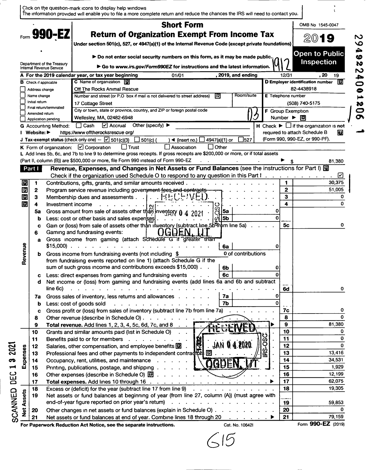 Image of first page of 2019 Form 990EZ for Off the Rocks Animal Rescue