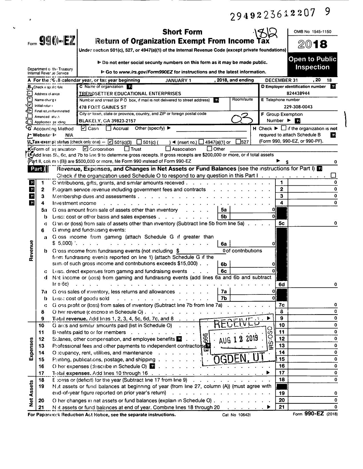 Image of first page of 2018 Form 990EZ for Trendsetter Educational Enterprises