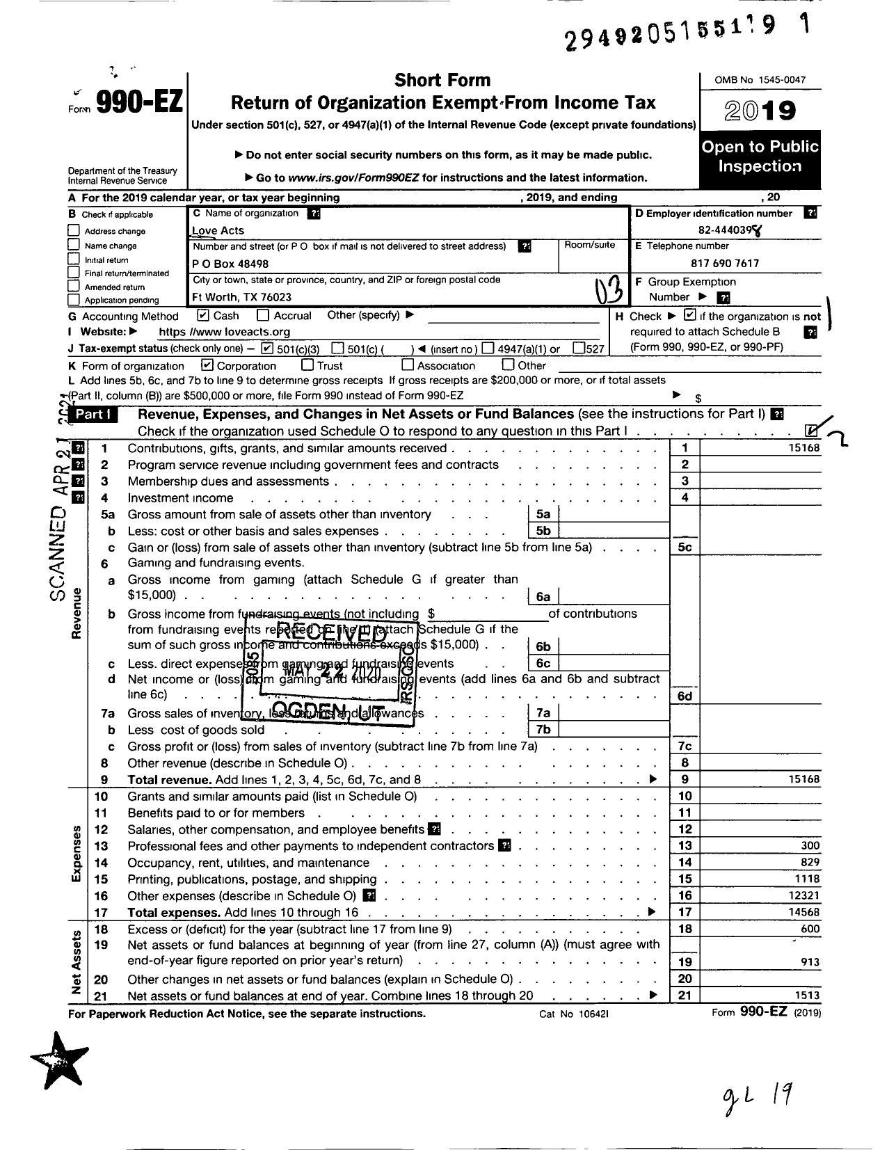 Image of first page of 2019 Form 990EZ for Love Acts