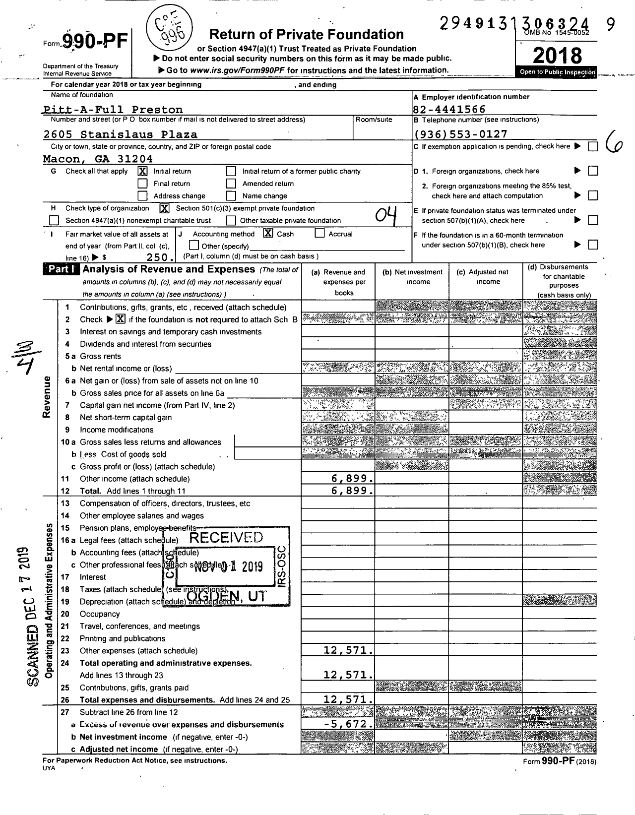Image of first page of 2018 Form 990PF for Pitt-A-Full Preston