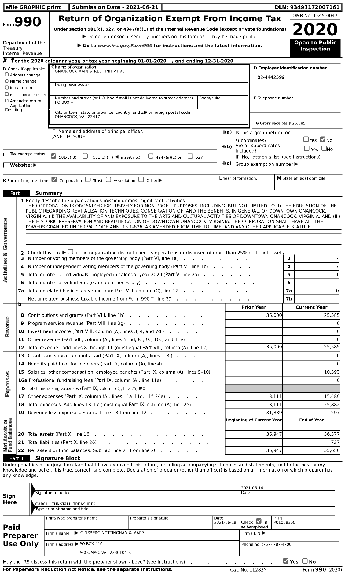 Image of first page of 2020 Form 990 for Onancock Main Street Initiative