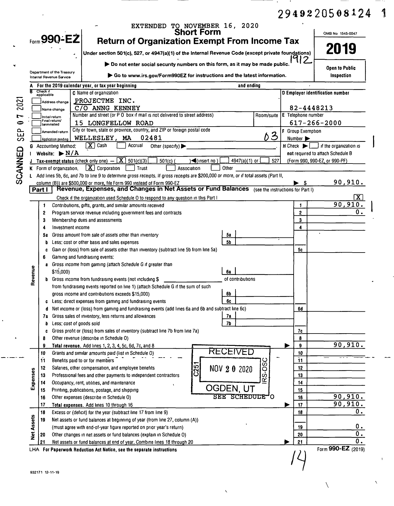 Image of first page of 2019 Form 990EZ for Projectme