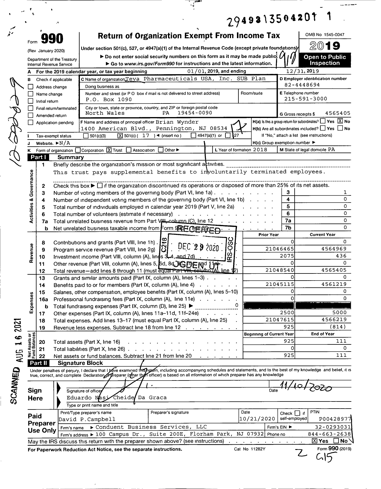 Image of first page of 2019 Form 990O for Teva Pharmaceuticals USA Sub Plan
