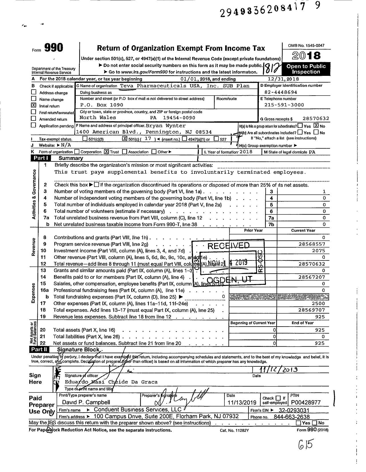 Image of first page of 2018 Form 990O for Teva Pharmaceuticals USA Sub Plan