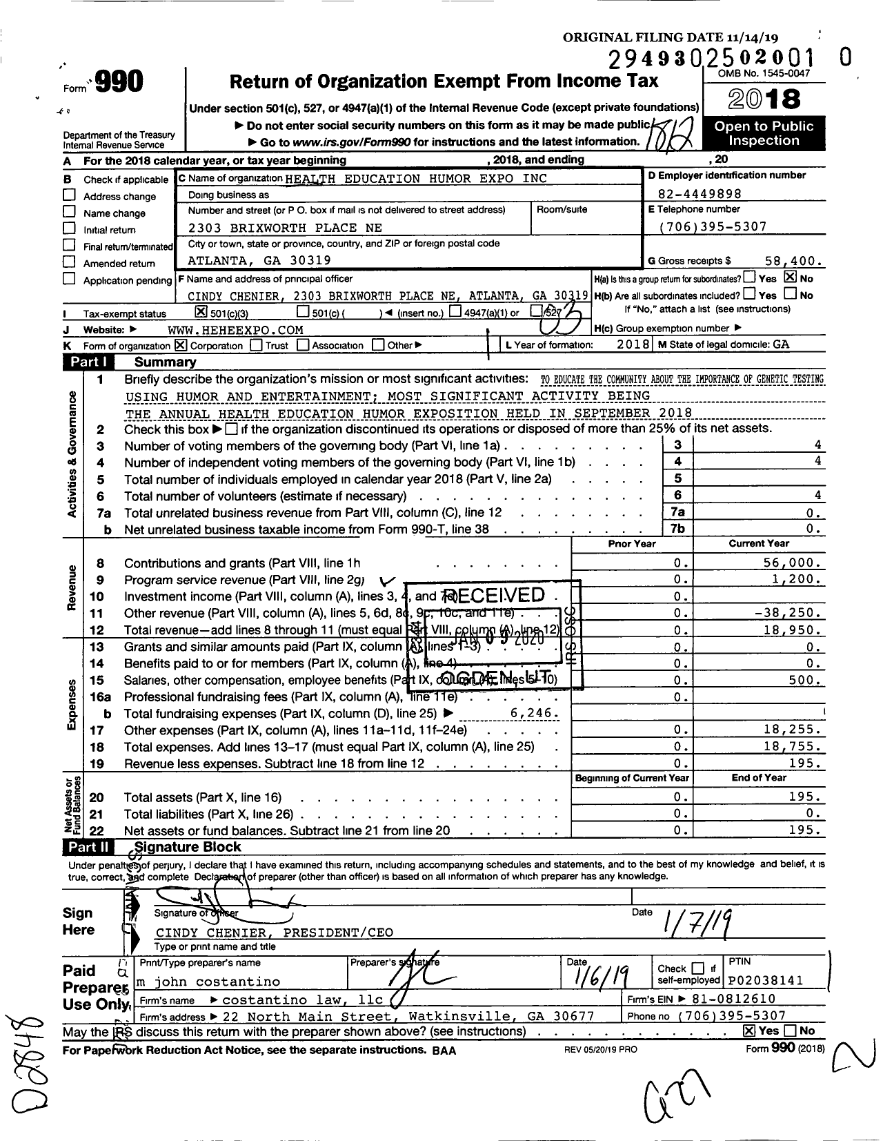 Image of first page of 2018 Form 990 for Health Education Humor Expo